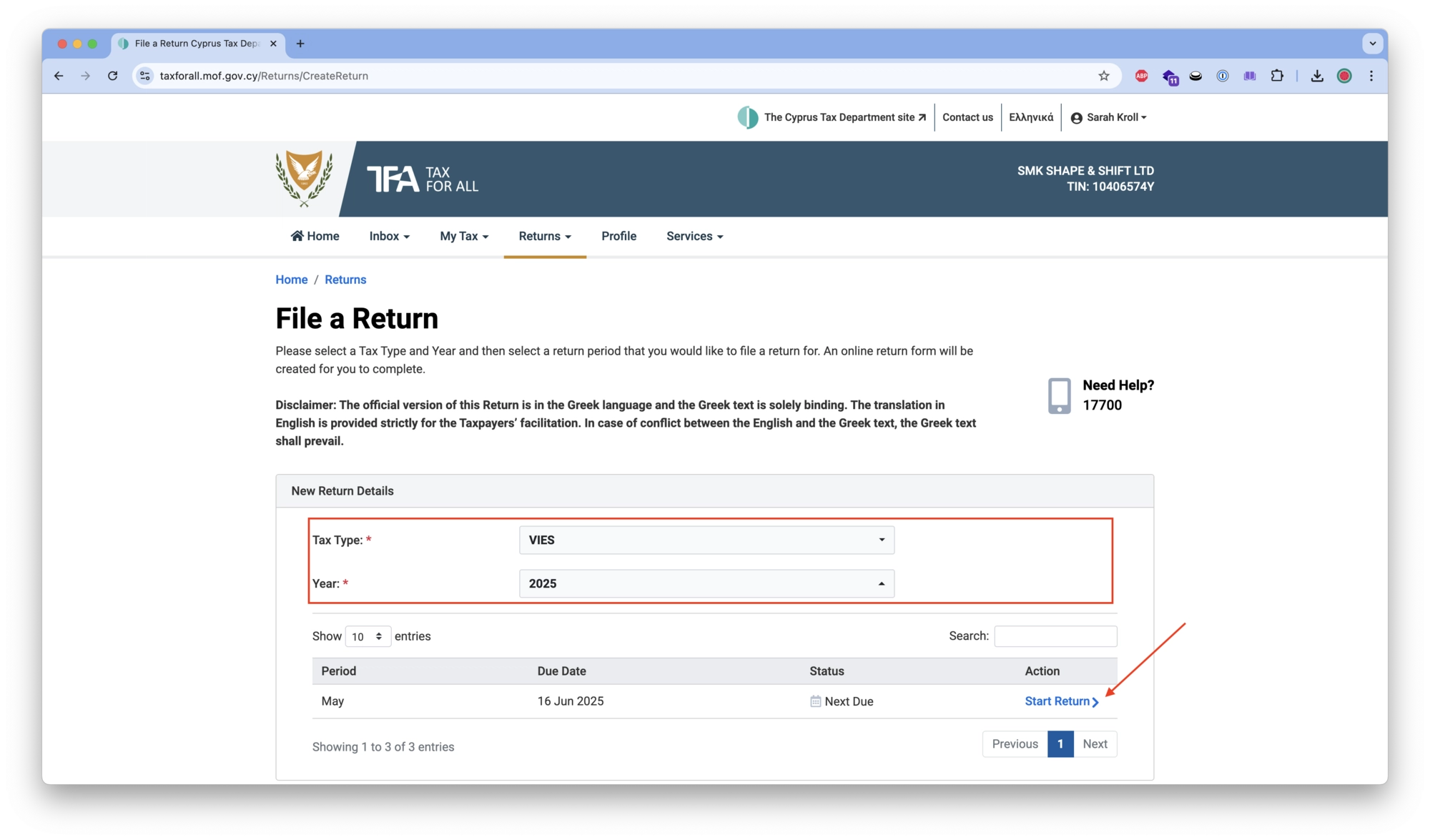Explaination on how to start a VIES return